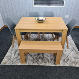 Kosy Koala Oak Effect Dining Table Set With 4 Grey Plastic Chairs And Bench Dining Room Furniture