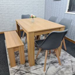Kosy Koala Oak Effect Dining Table Set With 4 Grey Plastic Chairs And Bench Dining Room Furniture - thumbnail 3