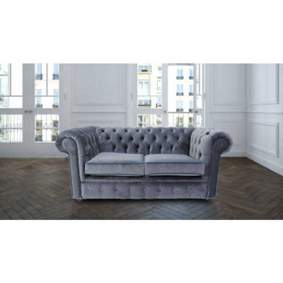 Chesterfield 2 Seater Sofa Malta Grey Blue Piping Velvet Fabric In Classic Style - image 1