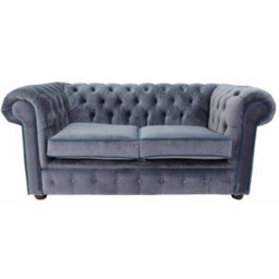 Chesterfield 2 Seater Sofa Malta Grey Blue Piping Velvet Fabric In Classic Style - thumbnail 2