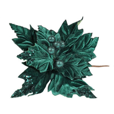 Emerald Velvet Poinsettia With Glitter Edge Dia28Cm 3 Pack - Teal - image 1