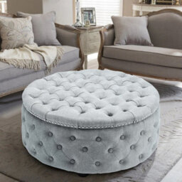 Darphe Round Linen Deep Buttoned Ottoman With Studded Edge - thumbnail 1
