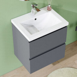 AVER-GROWTH 500mm Wall Hung Vanity Unit With Basin Matt Grey Ceramic Sink Bathroom Wall Mounted Storage Cabinet Soft Close Hinges 2 Drawers - thumbnail 3