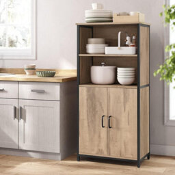 Songmics Vasagle Freestanding Storage Cabinet, Open Shelf Bookcase, Steel Frame Cupboard, Home Office Organizer, Toasted Oak And Black