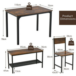 4 Pcs Dining Table Set With 2 Chairs And Bench Black Metal - thumbnail 2