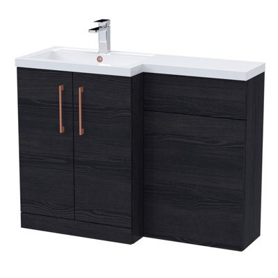Balterley Left-Hand Bathroom Vanity And Wc Unit Combination With Basin - 1100mm - Woodgrain Black With Copper Handles - image 1