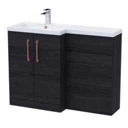 Balterley Left-Hand Bathroom Vanity And Wc Unit Combination With Basin - 1100mm - Woodgrain Black With Copper Handles - thumbnail 1