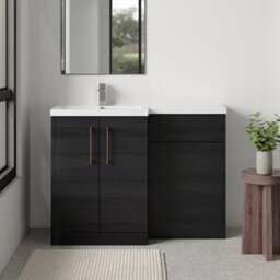 Balterley Left-Hand Bathroom Vanity And Wc Unit Combination With Basin - 1100mm - Woodgrain Black With Copper Handles - thumbnail 2