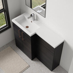 Balterley Left-Hand Bathroom Vanity And Wc Unit Combination With Basin - 1100mm - Woodgrain Black With Copper Handles - thumbnail 3