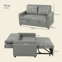 Homcom 2 Seater Sofa Bed Click Clack Pull Out Sofa Bed For Living Room Grey - thumbnail 3