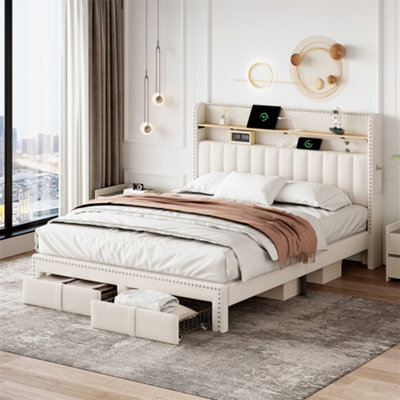 Abrihome 4Ft6 Double Upholstered Bed With 2 Storage Drawers, With Charging And Lighting, Linen Platform Bed Frame, Beige (No Mattress) - image 1