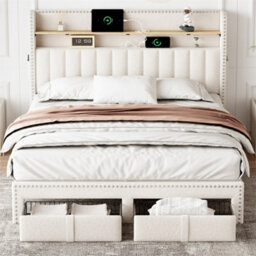 Abrihome 4Ft6 Double Upholstered Bed With 2 Storage Drawers, With Charging And Lighting, Linen Platform Bed Frame, Beige (No Mattress) - thumbnail 9