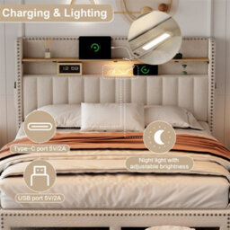 Abrihome 4Ft6 Double Upholstered Bed With 2 Storage Drawers, With Charging And Lighting, Linen Platform Bed Frame, Beige (No Mattress) - thumbnail 6