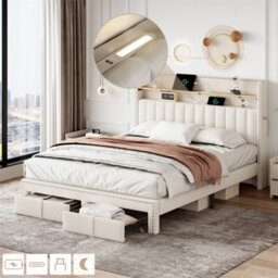 Abrihome 4Ft6 Double Upholstered Bed With 2 Storage Drawers, With Charging And Lighting, Linen Platform Bed Frame, Beige (No Mattress) - thumbnail 5