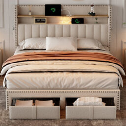 Abrihome 4Ft6 Double Upholstered Bed With 2 Storage Drawers, With Charging And Lighting, Linen Platform Bed Frame, Beige (No Mattress) - thumbnail 8
