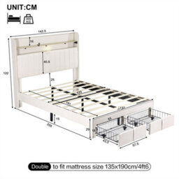 Abrihome 4Ft6 Double Upholstered Bed With 2 Storage Drawers, With Charging And Lighting, Linen Platform Bed Frame, Beige (No Mattress) - thumbnail 7