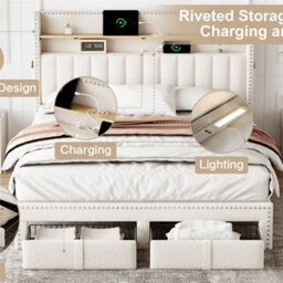 Abrihome 4Ft6 Double Upholstered Bed With 2 Storage Drawers, With Charging And Lighting, Linen Platform Bed Frame, Beige (No Mattress) - thumbnail 2