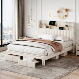 Abrihome 4Ft6 Double Upholstered Bed With 2 Storage Drawers, With Charging And Lighting, Linen Platform Bed Frame, Beige (No Mattress) - thumbnail 1