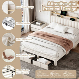 Abrihome 4Ft6 Double Upholstered Bed With 2 Storage Drawers, With Charging And Lighting, Linen Platform Bed Frame, Beige (No Mattress) - thumbnail 4