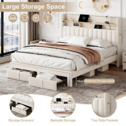 Abrihome 4Ft6 Double Upholstered Bed With 2 Storage Drawers, With Charging And Lighting, Linen Platform Bed Frame, Beige (No Mattress) - thumbnail 3