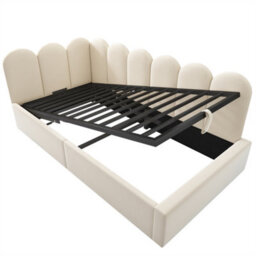 Abrihome Velvet Ottoman Daybed (90X190Cm), 3Ft Single Sofa Bed With Hydraulic Storage & Metal Slat Frame, No Mattress, Beige - thumbnail 8