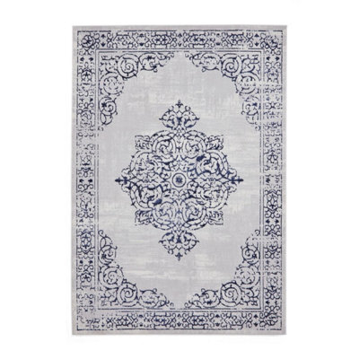 Blue Silver Rug, Traditional Bordered Rug, 11mm Thick Abstract Rug, Blue Silver Rug For Dining Room-160Cm X 230Cm - image 1