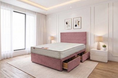 Knight Sleep York Pink Plush 2Ft6 Hybrid Sprung Orthopaedic Divan Bed Set 2 Drawers With Upholstered Headboard - Small Single - image 1