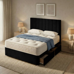 "Adore Designs Portland Plush Velvet Divan Bed, 50"" Headboard & Mattress - 5Ft Kingsize - Black - 2 Drawers Same Side" - thumbnail 1