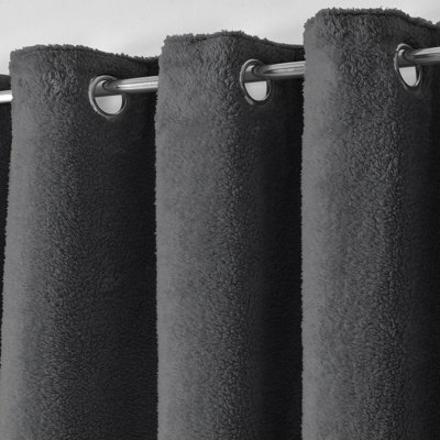 Velosso Teddy Fleece Lined Thermal Curtains - Ring Top, Energy-Saving, Warm And Cosy Fleece Curtains - Machine Wash Cold - Charcoal