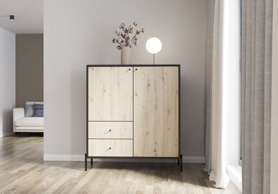 Arte Ravi Chest Of Drawers - Black Frame & Oak Artisan Front W100 X H120 X D40 Cm - Stylish Storage With Two Cabinets & Two Drawers - image 1