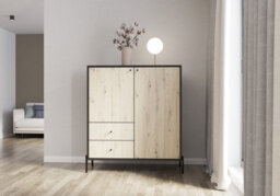 Arte Ravi Chest Of Drawers - Black Frame & Oak Artisan Front W100 X H120 X D40 Cm - Stylish Storage With Two Cabinets & Two Drawers - thumbnail 1