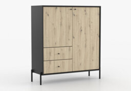 Arte Ravi Chest Of Drawers - Black Frame & Oak Artisan Front W100 X H120 X D40 Cm - Stylish Storage With Two Cabinets & Two Drawers - thumbnail 2
