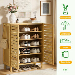 Fativo Bamboo Shoe Storage Cabinet, 5-Tier Shelves With Louvered Doors, H103 X W35 X L75Cm, Holds Up To 15 Pairs - thumbnail 5