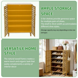 Fativo Bamboo Shoe Storage Cabinet, 5-Tier Shelves With Louvered Doors, H103 X W35 X L75Cm, Holds Up To 15 Pairs - thumbnail 7