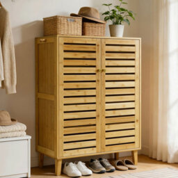 Fativo Bamboo Shoe Storage Cabinet, 5-Tier Shelves With Louvered Doors, H103 X W35 X L75Cm, Holds Up To 15 Pairs - thumbnail 1