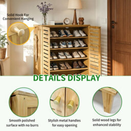 Fativo Bamboo Shoe Storage Cabinet, 5-Tier Shelves With Louvered Doors, H103 X W35 X L75Cm, Holds Up To 15 Pairs - thumbnail 3