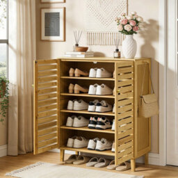 Fativo Bamboo Shoe Storage Cabinet, 5-Tier Shelves With Louvered Doors, H103 X W35 X L75Cm, Holds Up To 15 Pairs - thumbnail 8