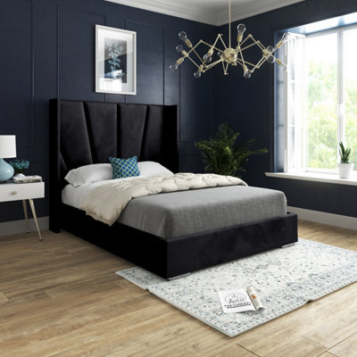 Bellini Wide Curved Winged Upholstered Soft Velvet Black Bed Frame - image 1