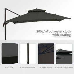 Outsunny Cantilever Parasol Roma Umbrella W/ Base Weights, Dark Grey - thumbnail 6