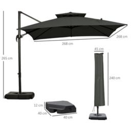 Outsunny Cantilever Parasol Roma Umbrella W/ Base Weights, Dark Grey - thumbnail 3