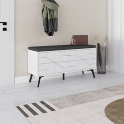 Decortie Modern Dune Shoe Storage Bench White With Fabric Seat 4 Doors Cabinet 107(W)Cm Metal Legs Organizer Hallway