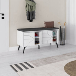 Decortie Modern Dune Shoe Storage Bench White With Fabric Seat 4 Doors Cabinet 107(W)Cm Metal Legs Organizer Hallway - thumbnail 4