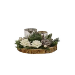 Christmas Tea Light Candle Holder - Two Silver Holders With White Roses