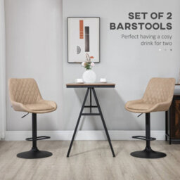 Homcom Pu Leather Padded Bar Stools Set Of 2 With Metal Base, Light Khaki - thumbnail 4
