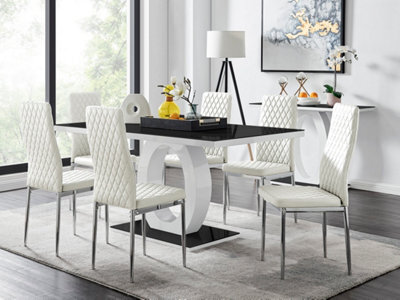 Furniturebox Giovani Rectangular 6 Seat White High Gloss Unique Halo Dining Table Black Glass Top 6 White Faux Leather Silver Leg Milan Chairs - image 1