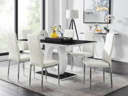 Furniturebox Giovani Rectangular 6 Seat White High Gloss Unique Halo Dining Table Black Glass Top 6 White Faux Leather Silver Leg Milan Chairs