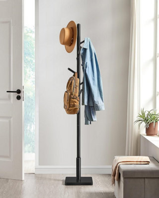 Premium Wood Hall Stand, Multi-Hook Coat Tree With Adjustable Height Options, Rubberwood Hooks And Pole, Ink Black - image 1