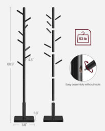 Premium Wood Hall Stand, Multi-Hook Coat Tree With Adjustable Height Options, Rubberwood Hooks And Pole, Ink Black - thumbnail 2