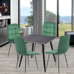 Urbn-Living Urbnliving 5Pcs Armani Grey Modern Ceramic Top Dining Table & Green Velvet Chairs With Metal Legs