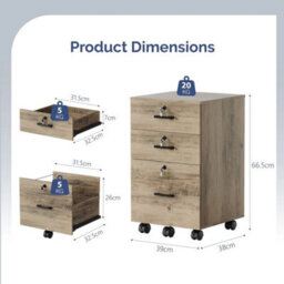 Oak 3 Drawer Locking Filing Cabinet With Hanging Bars For A4 And Letter Office - thumbnail 2